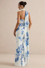 Iraida | Blue Floral Print High-Neck Maxi Dress With Scarf Detail