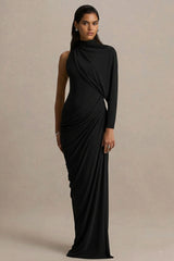 Aphra | Black High-Neck Maxi Dress With Cape-Sleeve