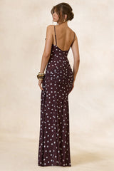 Virtue | Brown & White Sheer Polka Dot Cowl-Neck Fishtail Maxi Dress With Split