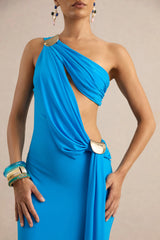 Maelys | Blue Asymmetric-Neck Maxi Dress With Body Cut-Outs And Gold Detailing