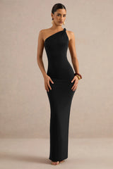 Indalie | Black Twisted Asymmetric-Neck Maxi Dress