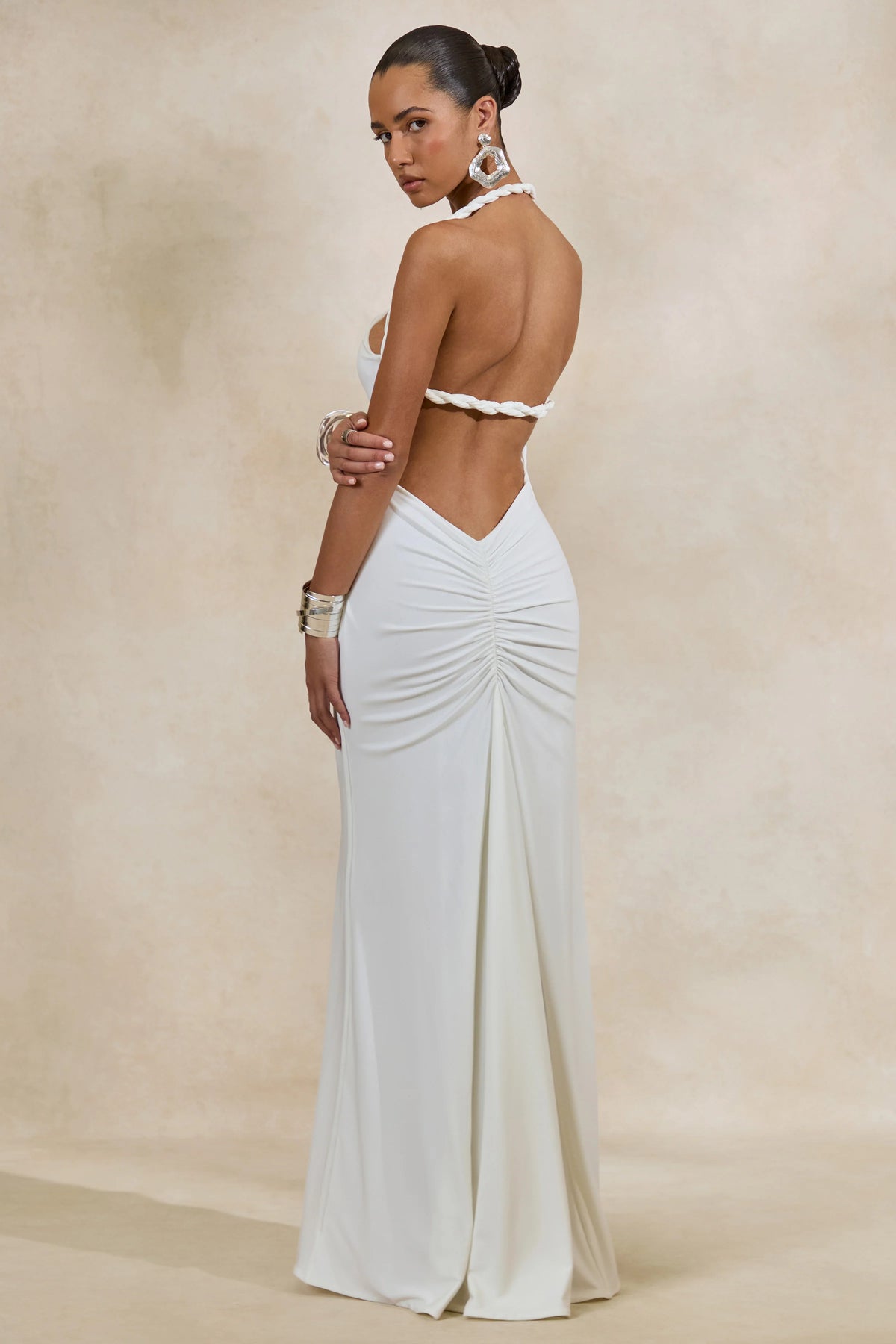 Elirae | White Asymmetric-Neck Maxi Dress With Twist Strap And Front High Split