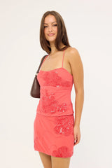 Luck & Trouble Riviera Sequin Lace up Back Top Coral