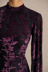 Janet | Black And Purple Devore High-Neck Maxi Dress With Cut-Out Details