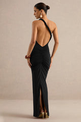 Indalie | Black Twisted Asymmetric-Neck Maxi Dress