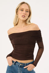 Luck & Trouble Elyse Off Shoulder Long Sleeve Top Brown