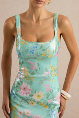 Danette | Mint Floral Print Sequin Square-Neck Maxi Dress