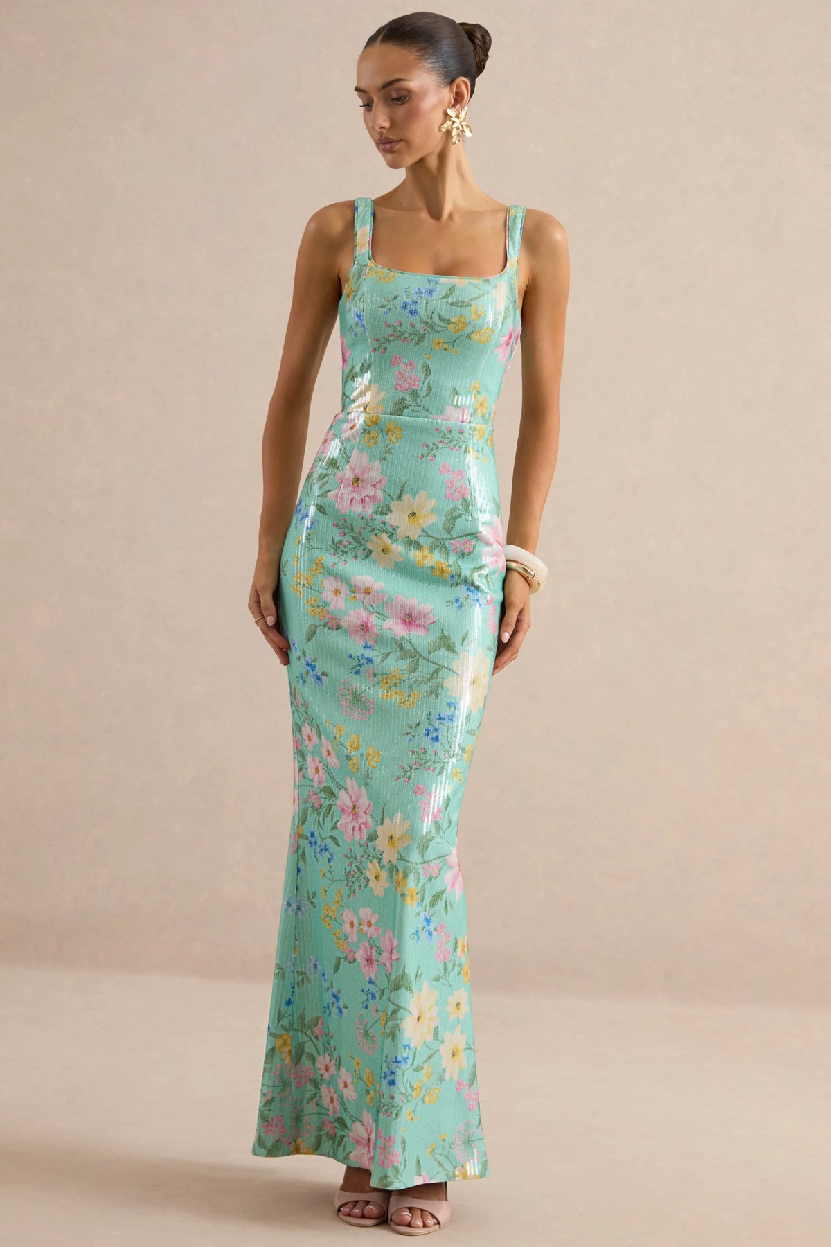 Danette | Mint Floral Print Sequin Square-Neck Maxi Dress