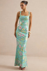 Danette | Mint Floral Print Sequin Square-Neck Maxi Dress
