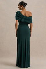 Dynasty | Dark Green Asymmetric-Neck Maxi Dress With Ruched Detailing And Front High-Split