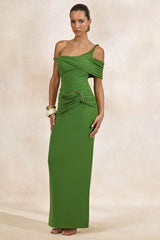 Camri | Green Bardot-Neck Maxi Dress With Twist Strap