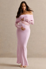 Artemisia | Light Pink Bardot-Neck Maternity Maxi Dress With Lace Detailing