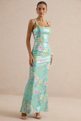 Danette | Mint Floral Print Sequin Square-Neck Maxi Dress