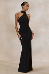 Almaria | Black Lace Asymmetric-Neck Maxi Dress With Collar-Detail