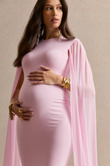 Calitheia | Light Pink Round-Neck Maternity Maxi Dress With Long Floaty Mesh Sleeves