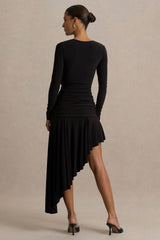 Alexia | Black Asymmetric-Neck Maxi Dress With Gold-Details