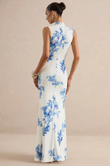 Isella | Blue Floral Print High-Neck Maxi Dress With Gathered Detailing