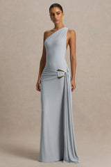 Bonnie | Blue Asymmetric-Neck Maxi Dress With Open-Back
