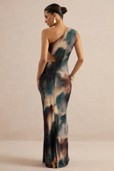 Maelys | Black And Blue Smoke Print Asymmetric-Neck Maxi Dress With Body Cut-Outs And Gold Detailing